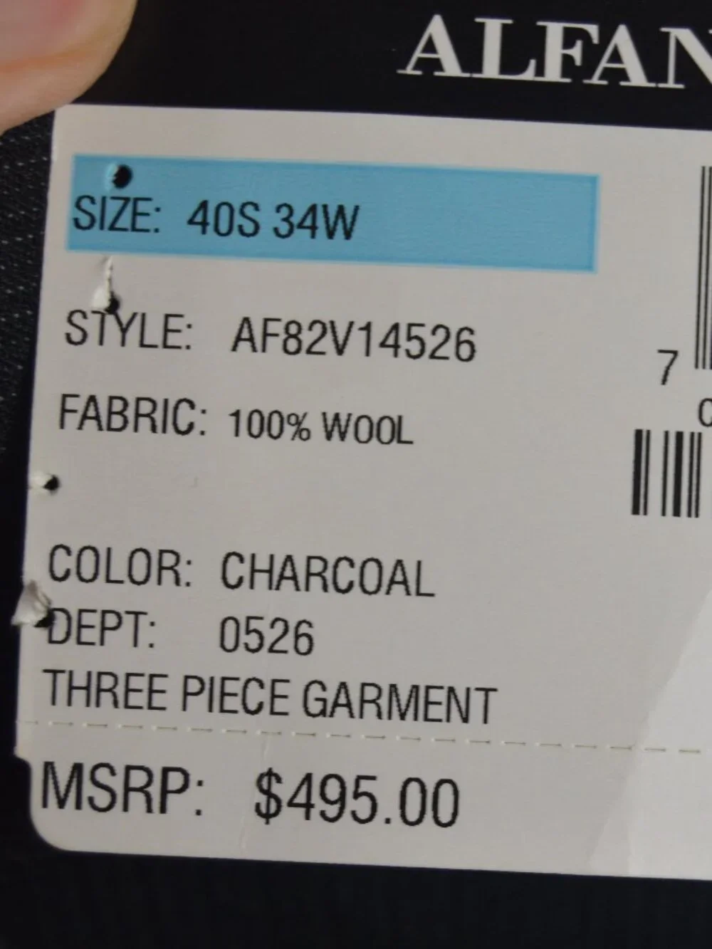 Alfani Charcoal 100% Wool Pinstripe 3 PC Suit 40 S 34 x 28 Dual Vent $495 MSRP